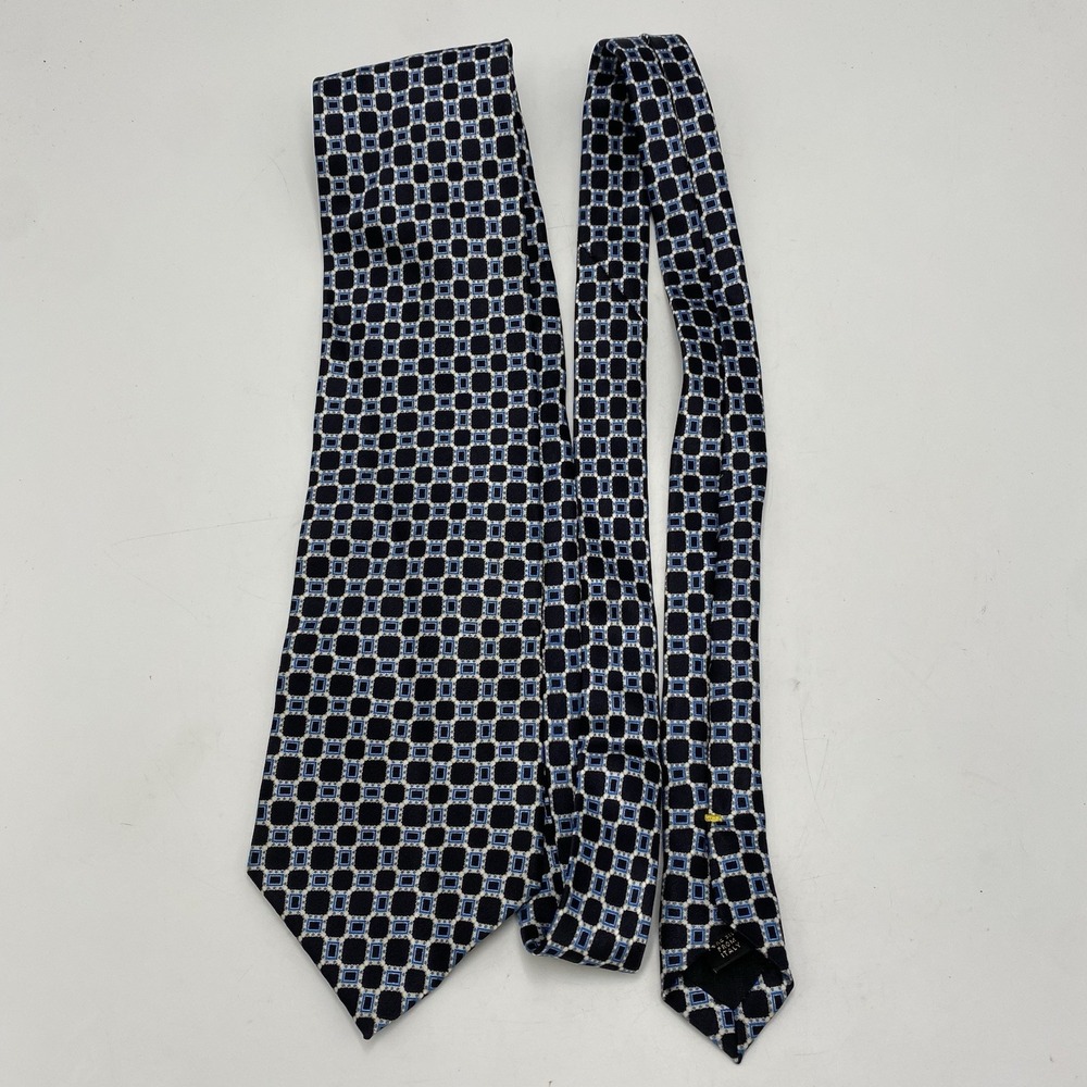 Serica Mens 100% Silk Neck Tie Black‎ Blue Geometric